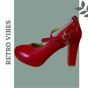 🛍️3/$40 Retro Vintage Inspired Red Platform Mary Jane High Heel Strap Sz 8.5 39